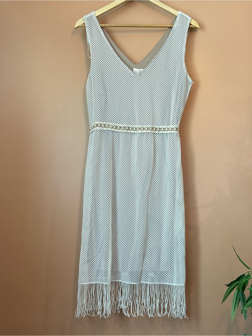 Emma & Michele Ivory Crochet Mesh Fringe Midi Dress Size Medium Boho Resort